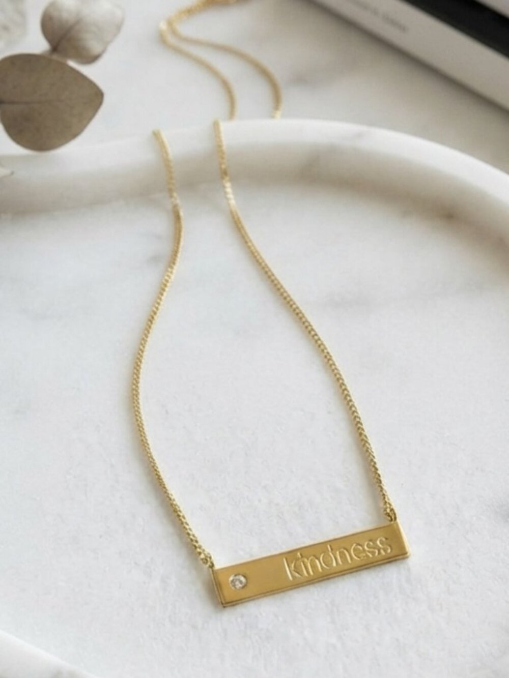 925 Sterling Silver Bar Necklace Gold Plated "Kindness" Dainty Gift for Her
